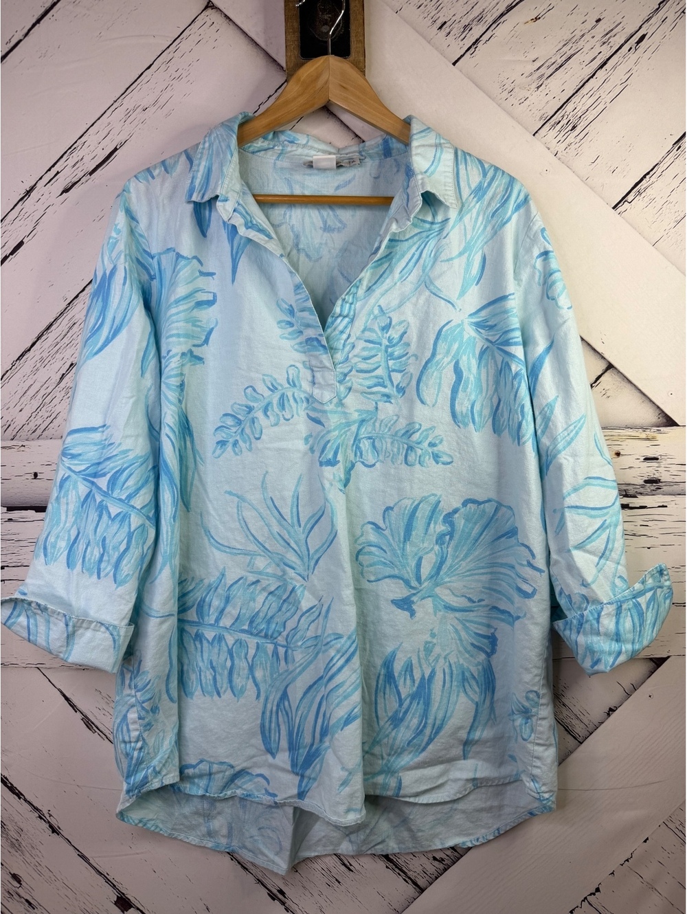 Vineyard Vines Coastal Blue Tropical Palm Linen Lucaya Tunic Top Women XL